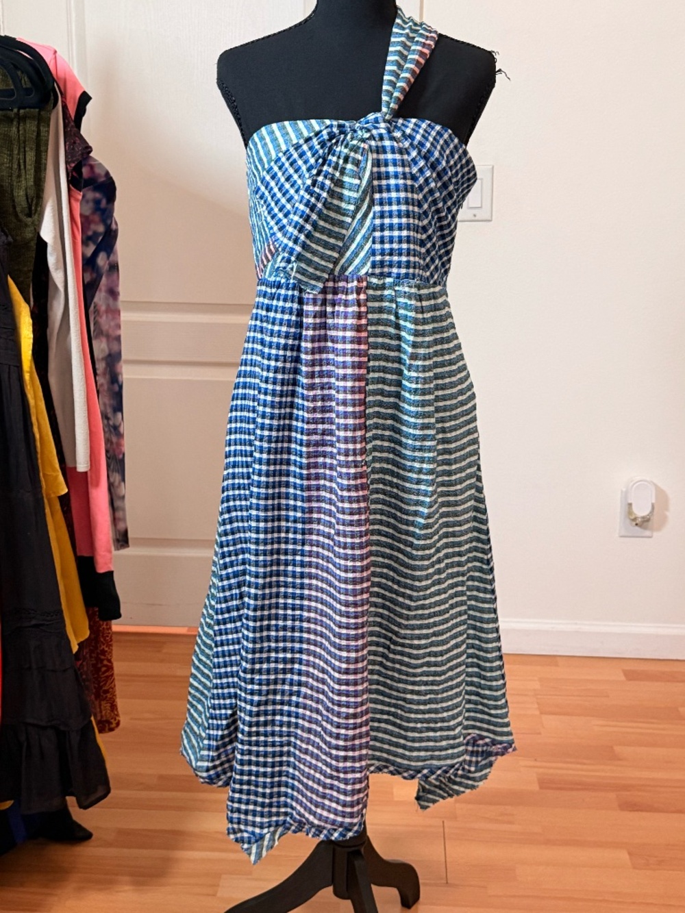 Maeve Anthropologie Blue Plaid Gingham One Shoulder Midi Dress Size 8 NWT